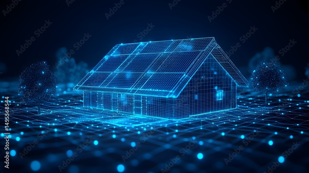 Poster futuristic digital house with solar panels and blue wireframe design. high-tech scene emphasizing re