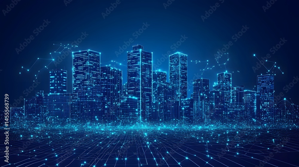Poster futuristic neon blue cityscape radiates digital connectivity. skyscrapers glow with networked lights