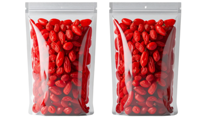 Goji Berries in two sealed plastic packaging isolated on white background. Suitable for marketing or business purposes. PNG file