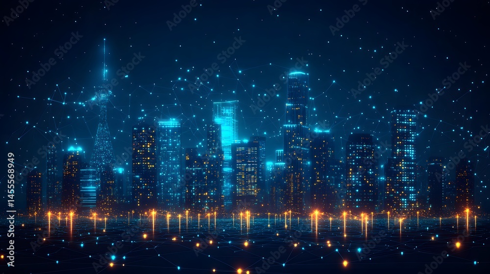 Aufkleber futuristic cityscape glows at night, showcasing interconnected networks and advanced infrastructure.