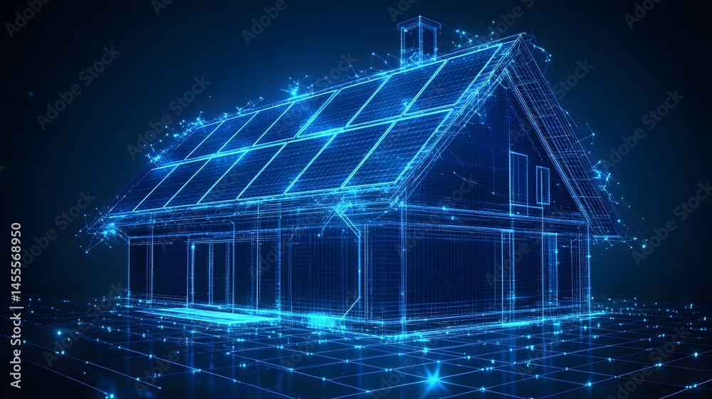 Poster futuristic house concept with solar panels, rendered in a vibrant blue wireframe. energy innovation 