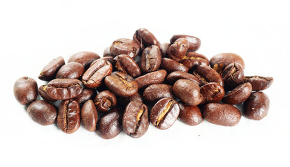 Pile of Dark brown roasted coffee beans isolated on white background, Raw processed food for drinks refreshment
