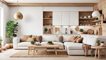 Fototapeta premium Stylish White and Wooden Kitchen and Living Room for Open Concept Living