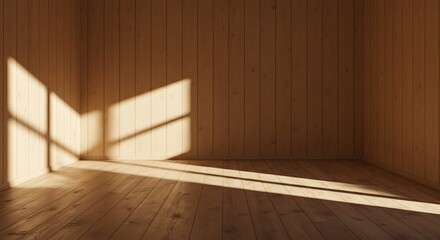 empty room and wood laminate floor with sun light cast the shadow on the wall, Perspective of minimal interior design background