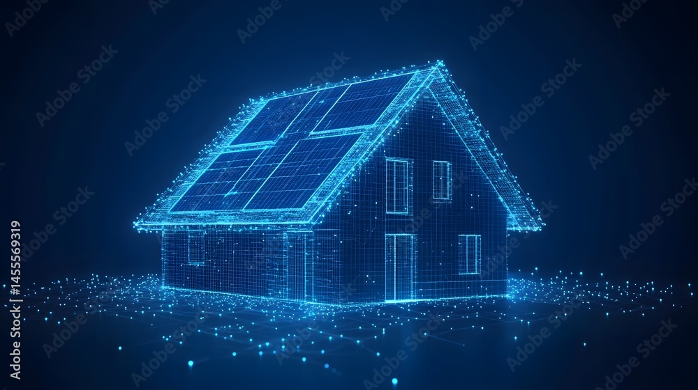 Poster digital house concept with solar panels, glowing blue grid. modern architecture meets sustainable te