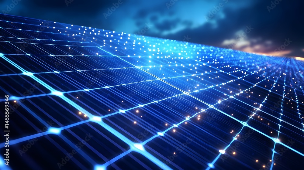 Poster close-up view of a solar panel showcasing its cell structure and energy production, set against a bl
