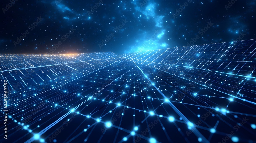 Aufkleber futuristic solar grid illuminates the night. energy flows under a starry sky, connecting to distant 