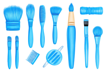 Assorted blue makeup brushes
