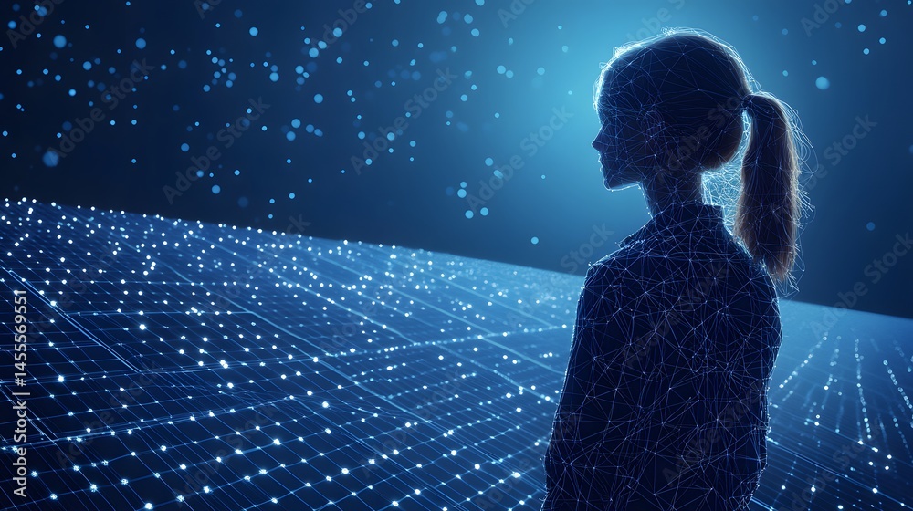 Poster futuristic digital landscape with a person silhouetted against a solar panel. the scene evokes techn