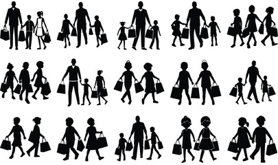 Father and Children Shopping Silhouette Vector Set &ndash; Family Bonding, Parenting, and Lifestyle Illustration Collection