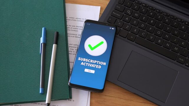 Subscription activated notification on smartphone. Concept of new membership account.