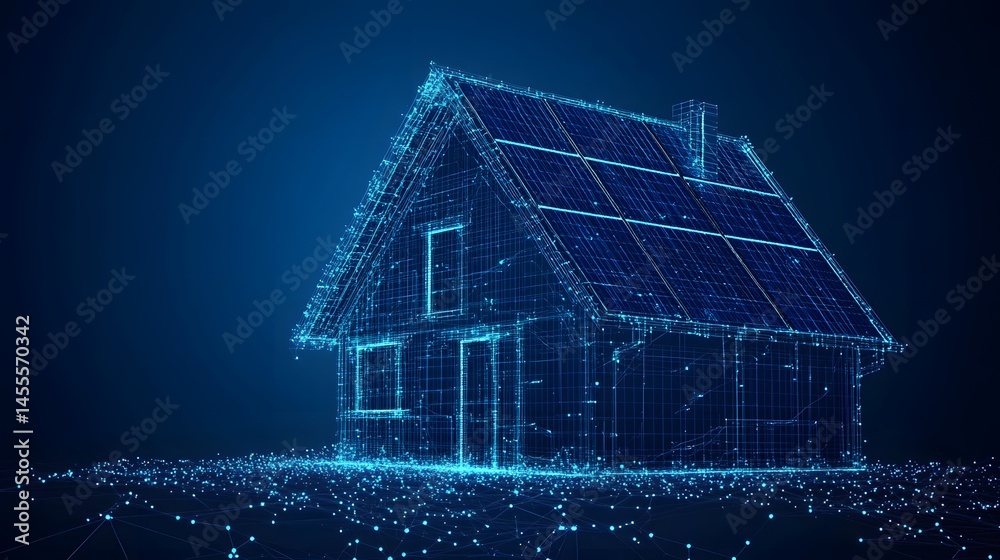 Poster digital house of the future with solar panels, visualized as an abstract wireframe model. modern, en
