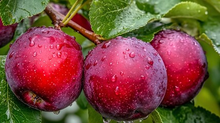 Fresh, ripe apples on a branch, glistening with raindrops. Lush green leaves surround the fruit