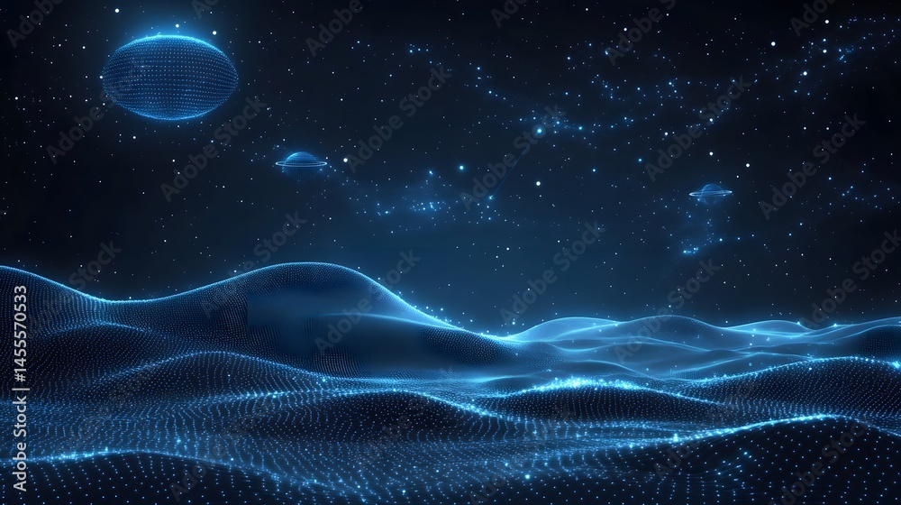 Poster futuristic space art featuring grid-like planets and digital terrain. a constellation shines in the 