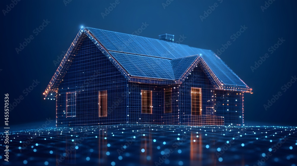 Poster digital house gleams with orange light on a blue grid, reflecting on a connected blue plane. a futur