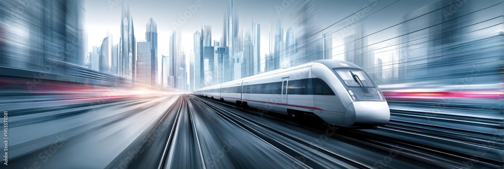 Aufkleber high-speed train in motion passing through a vibrant modern city skyline during the day generative a