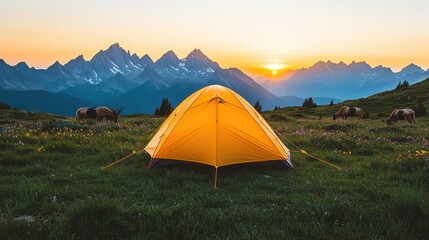 Serene Camping Scene with Yellow Tent against Majestic Mountain Sunset