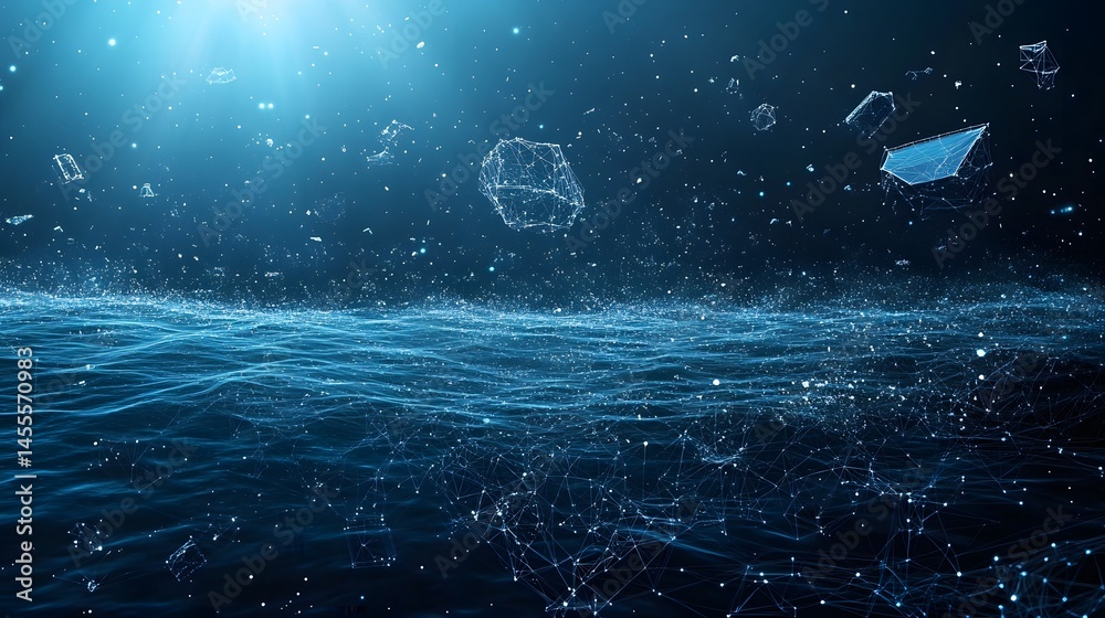 Poster A mesmerizing display of abstract digital art, blending water-like surfaces with geometric wireframes and luminous dots. Abstract Digital low-poly wireframe connected dots in dark blue