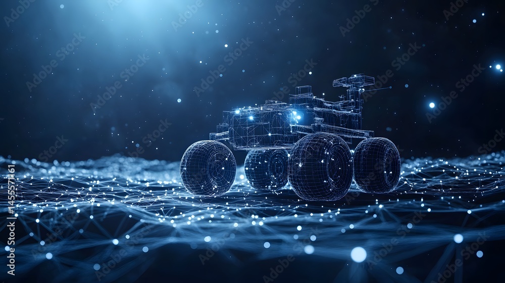 Poster futuristic rover exploring a networked terrain, rendered in cool blue wireframe. perfect for tech, s