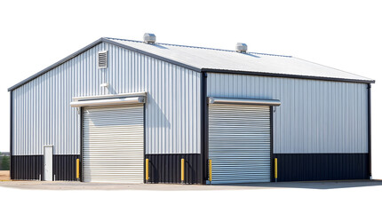 Obraz premium Modern metal warehouse building with two roll-up doors and ventilation system