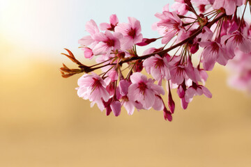 Obraz premium Horizontal sakura blossom banner with pink flowers on sunny background symbolizing spring, nature, and Japanese aesthetics