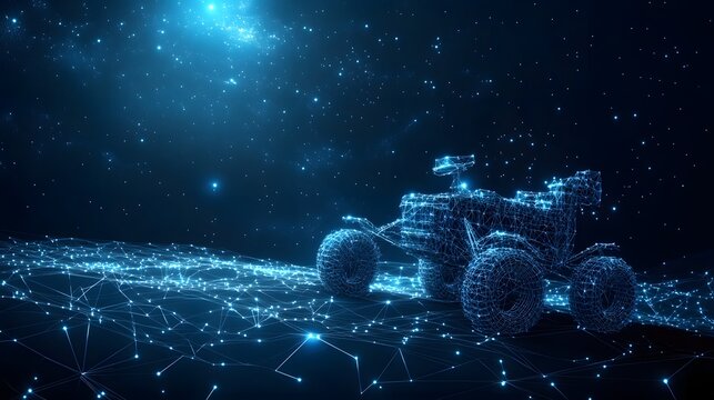 Futuristic rover explores a digital alien world, amidst a starlit nebula. A captivating depiction of space exploration. Abstract Digital low-poly wireframe connected dots in dark blue.