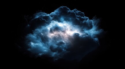A massive, dark storm cloud dominates the night sky  Internal flashes of light highlight its turbulent, dense structure