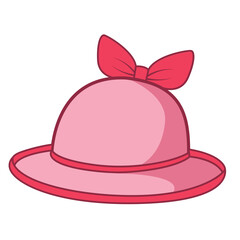 A pink hat with a red ribbon tied in a bow, featuring a wide brim and rounded crown for elegance.