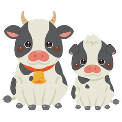 お座りしたウシの親子イラスト