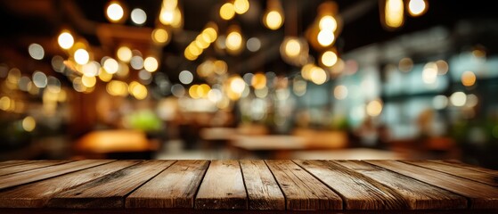 Rustic Wooden Tabletop with Blurred Restaurant Interior Background Ideal for Product Mockups and Food Photography