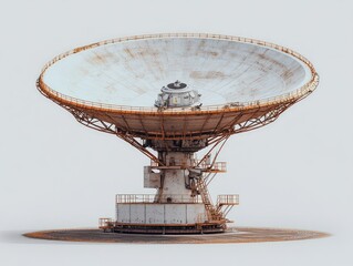 Rusty, large radio telescope.  Isolated on a plain background