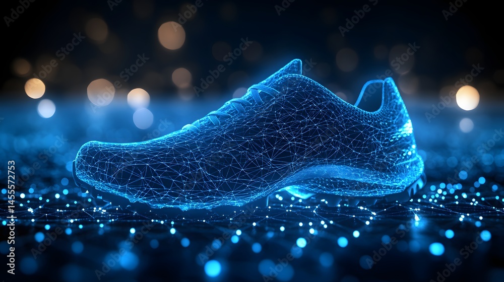 Aufkleber Futuristic running shoe, a glowing wireframe mesh on a grid surface. Blurred bokeh lights create depth and ambiance, emphasizing energy. Abstract Digital low-poly wireframe connected dots in dark blue