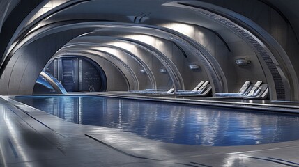 Futuristic underground swimming pool.  Vast, arched, metallic tunnel-like structure surrounds a sleek, blue pool.  Modern lounge chairs are positioned along the walls