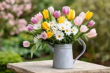 Fototapeta premium Colorful bouquet of tulips and daisies standing in a watering can