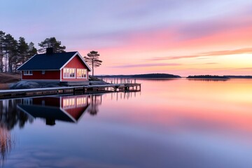 Fototapeta premium Red wooden cabin reflecting on calm lake at sunset