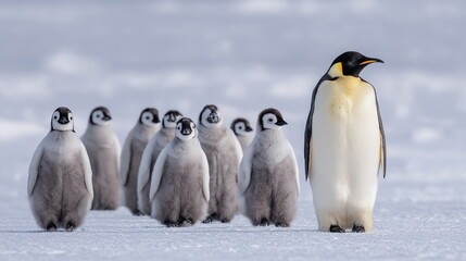 Obraz premium A group of adorable penguin chicks stands on the ice, surrounded by distant figures. Their downy feathers and curious expressions create a mood of innocence and wonder.