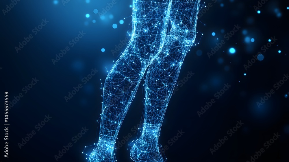 Poster Futuristic legs glow with digital life. Blue lines and nodes suggest advanced tech, set against a dark backdrop with bokeh. Abstract Digital low-poly wireframe connected dots in dark blue