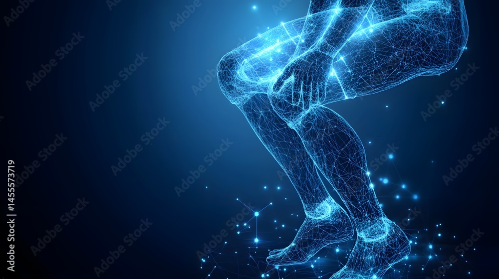 Fototapete futuristic figure leaps across a dark blue expanse, crafted from glowing lines and nodes. action-pac
