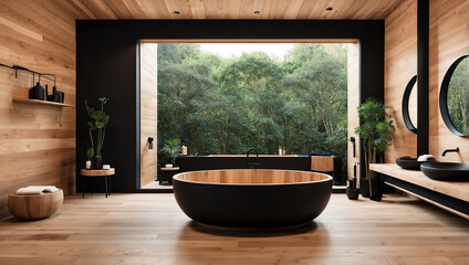 Luxurious Wooden and Black Bathroom Featuring Round Tub for Relaxation