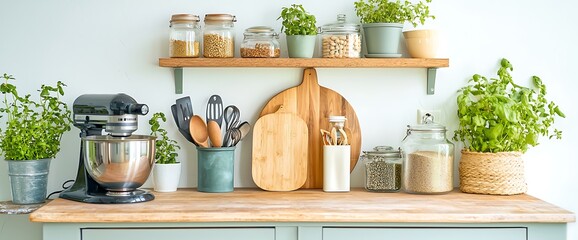 Cozy kitchen with mixer, wooden boards, utensils, herbs, and jars