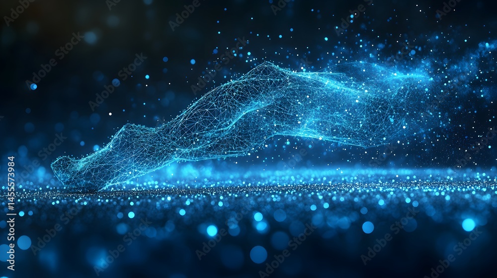 Aufkleber Dynamic, abstract figure emerges from a digital cloud. A captivating representation of technological progress, rendered in a glowing blue wireframe. Abstract Digital low-poly wireframe connected