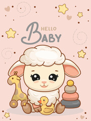 Cute greeting card, poster with cute sheep, and words hello baby. kawaii cartoon. Vector illustration. Hand drawn