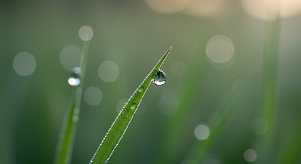 Obraz premium Morning dew glistening on a blade of grass nature's perfect jewel serene beauty