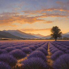 Fototapeta premium Tranquil Sunset Over Lavender Fields: A Serene Oil Painting Landscape