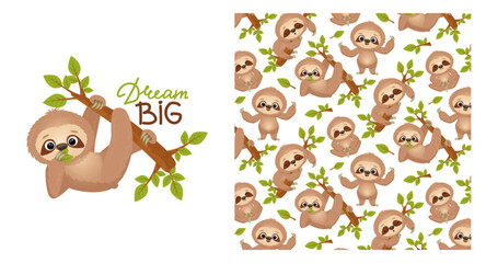 Fototapeta premium Vector illustration with cute sloth climbing on a branch. Postcard with cartoon character and quote. Baby seamless print with sloth. Isolated on white. Hand drawn