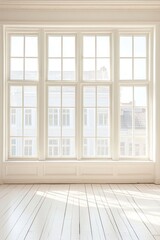 Bright Room Interior with Large Windows and White Wooden Floor for Minimalist Design