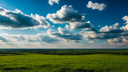 Vast Green Field Under a Dramatic Sky with Scattered Clouds