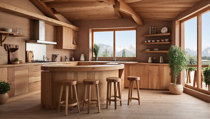 Charming Wooden Roof Kitchen Corner with Bar Area for Entertaining Guests