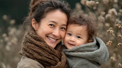 Happy mother and baby smiling outdoors in winter
