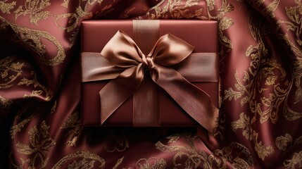 Elegant red gift box with ribbon on textured fabric